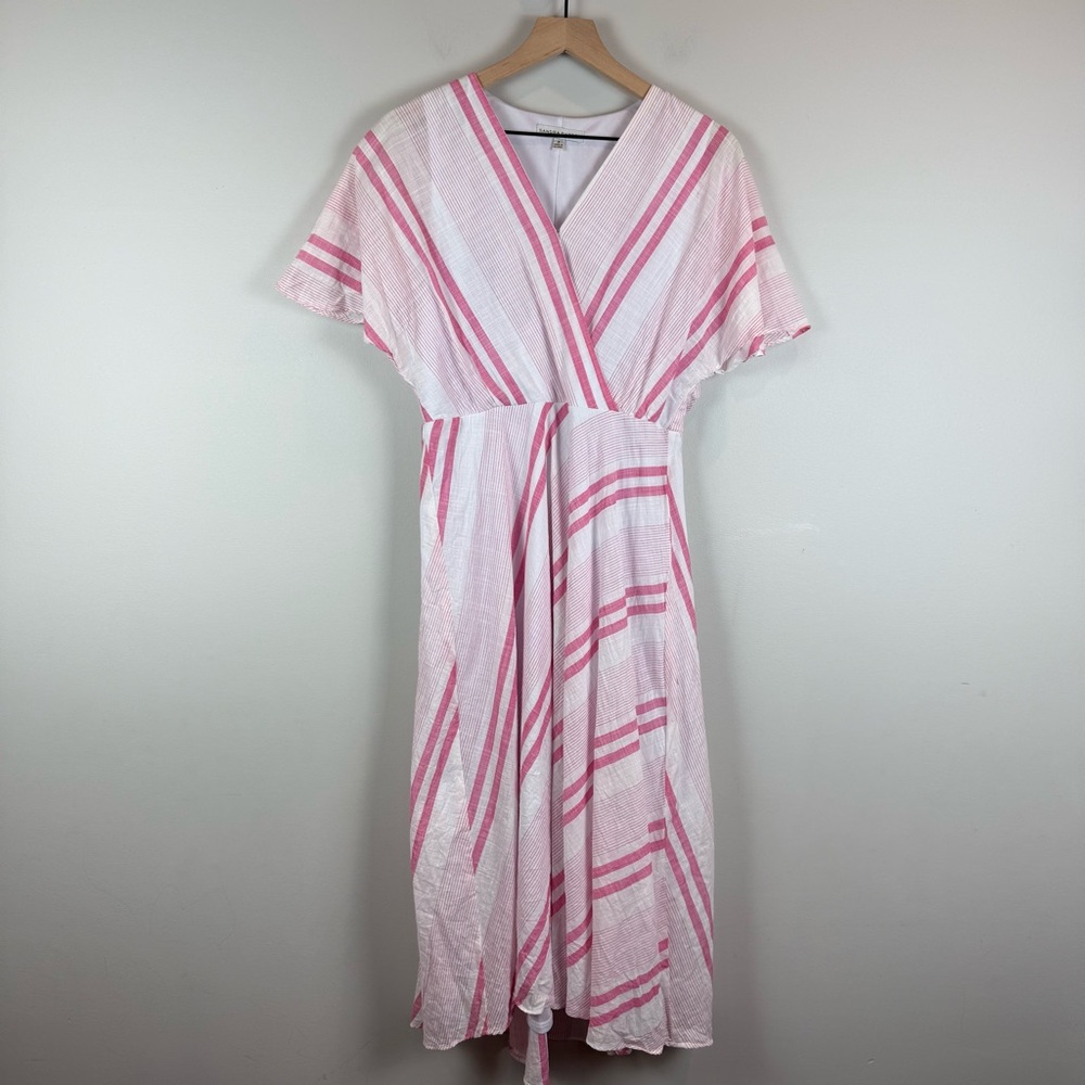 Sandra Darren Midi Dress Womens 6 Pink‎ White Striped V-Neck Cap Sleeve Summer